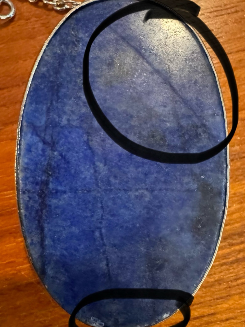 Vintage Lapis Lazuli Stone Pendant Necklace—SilverTone setting, chain, & clasp - Picture 7 of 8
